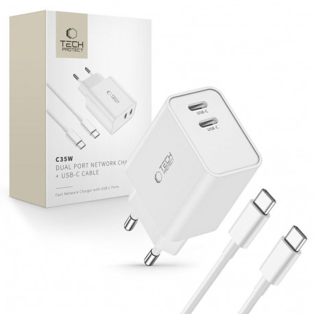 TECH-PROTECT C35W 2-PORT NETWORK CHARGER PD 35W + TYPE-C CABLE WHITE