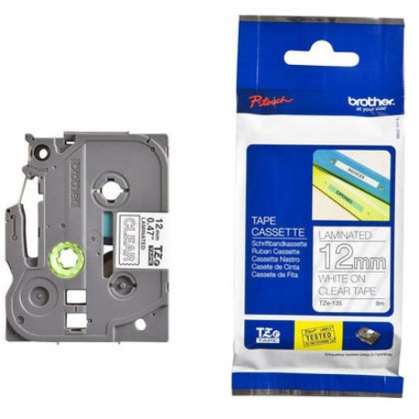 Brother TZE-135 (TZE135) Laminated Labelling Tape Cassette, White On Clear 12mm, 8m