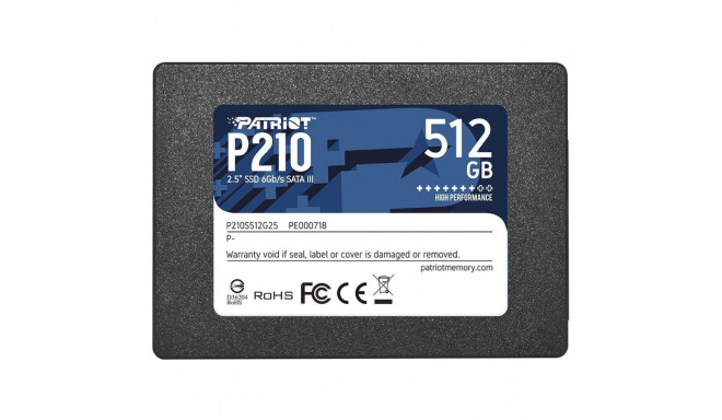 SSD|PATRIOT|P210|512GB|SATA 3.0|Write speed 430 MBytes/sec|Read speed 520 MBytes/sec|2,5"|TBW 240 TB
