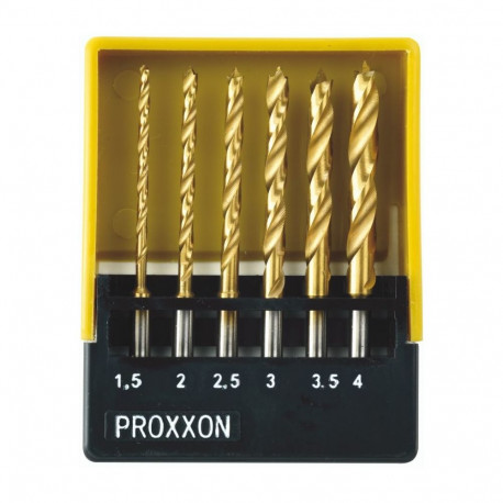 Proxxon 28876 HSS twist drill bit set – 6-piece 1.5-4.0 mm, centering spike, titanium nitride coatin