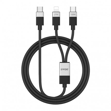 BWOO Braided 2-in-1 Cable USB-C - USB-C and Lightning 1m 100W/27W black
