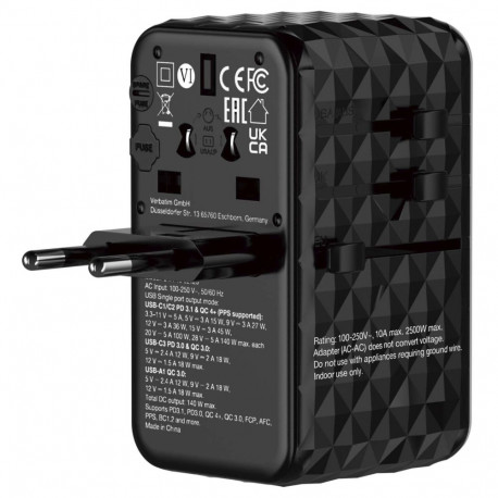 Verbatim GaN III Uni.Travel adapter 140W maailmast-maailma UTA-10 32125