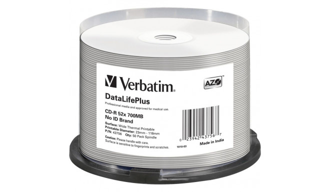1x50 Verbatim CD-R 80 / 700MB 52x valge lai termotrükitav
