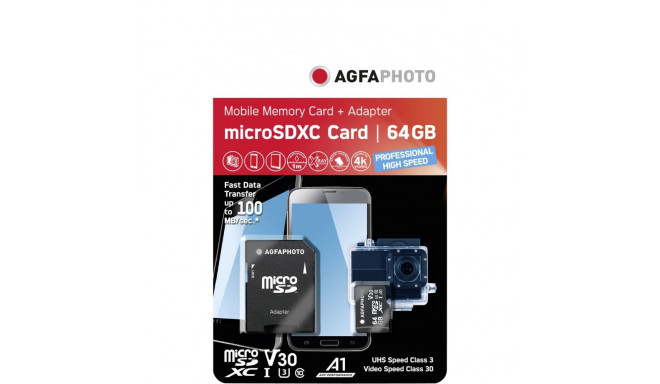 AgfaPhoto MicroSDXC UHS-I   64GB High Speed C10 U3 V30 + Adapter