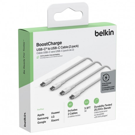1x2 Belkin USB-C/USB-C 2.0 PVC 1m, 2Pack white  CAB003bt1MWH2PK