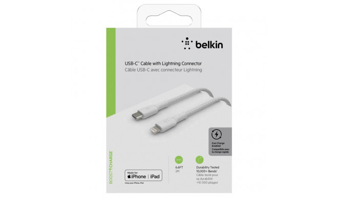 Belkin Lightning/USB-C kaabel 2m punutud, mfi sert., valge