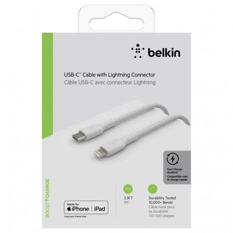 Belkin Lightning/USB-C kaabel 1m punutud, mfi sert., valge