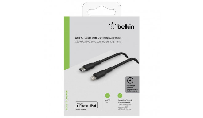 Belkin Lightning/USB-C kaabel 2m punutud, mfi sert., must