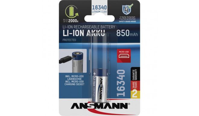 Ansmann 16340 liitiumioonaku 850mAh 3,6V micro-USB sisend 1300-0015