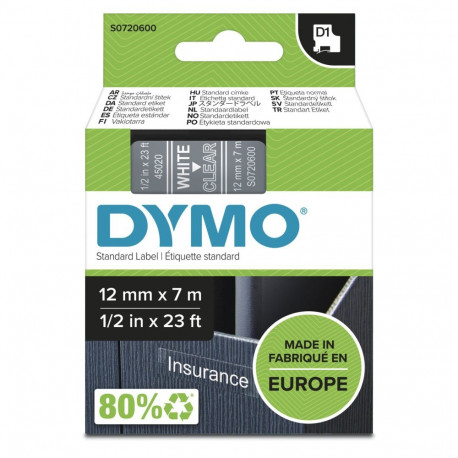 Dymo D1 kirjapael 12 mm x 7 m valge / läbipaistev 45020