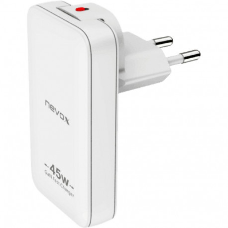 Nevox laadija 45W Dual Slim GaN USB-C/USB EU/US, valge