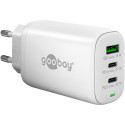 USB laadija 2 x USB-C PD, USB-A QC3.0, 100 - 240V > 5V, 3A, 65W, kiirlaadija, valge