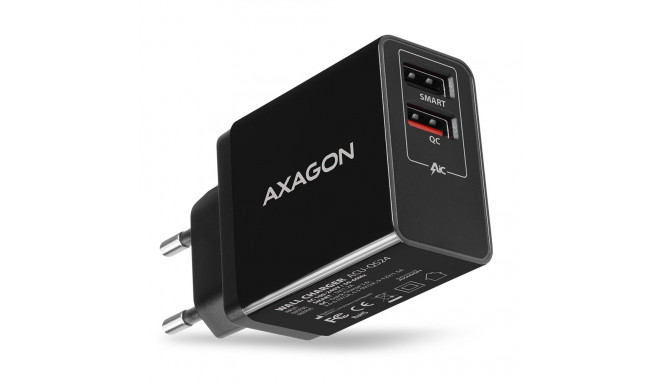 Axagon dual seinalaadija 240V/2x USB port QC3.0/AFC/FCP ja 5V-1.2A, 24W | ACU-QS24