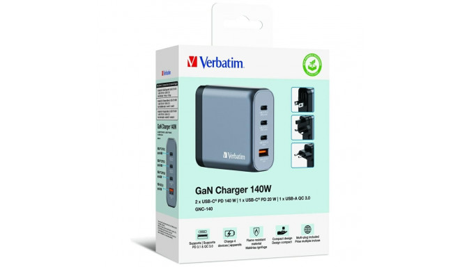 Verbatim GaN 140W seinalaadija 3xUSB-C/USB-A + EU/UK/US adapter GNC-140 32203