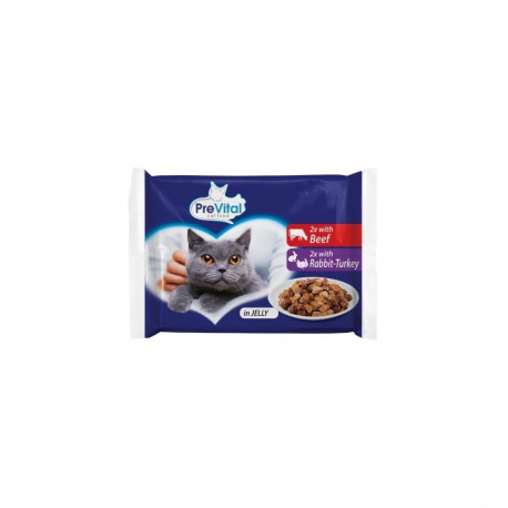 PREVITAL Beef and rabbit with turkey in jelly – wet cat food – 4 x 100g