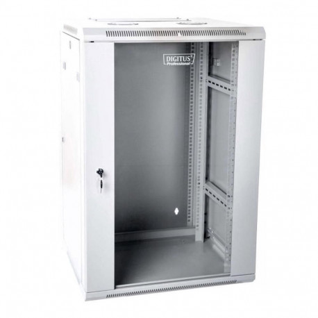 19" 15U wall-mounted network rack cabinet 600x600, glass door, grey, split design, assembled, 60kg