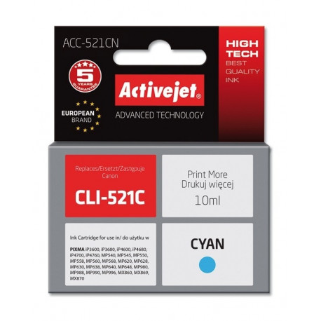 Activejet ACC-521CN tindikassett (asendus Canon CLI-521C; Supreme; 10 ml; tsüaan)