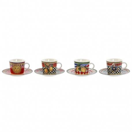 Set of Mugs with Saucers Home ESPRIT Yellow Red Porcelain 12,5 x 12,5 x 1,5 cm (4 Units)