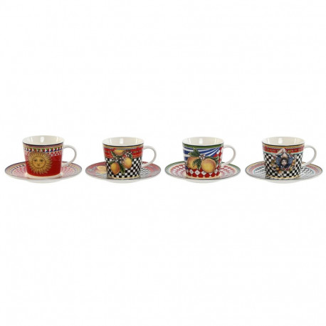 Set of Mugs with Saucers Home ESPRIT Yellow Red Porcelain 220 ml 15,6 x 15,6 x 1,7 cm (4 Units)
