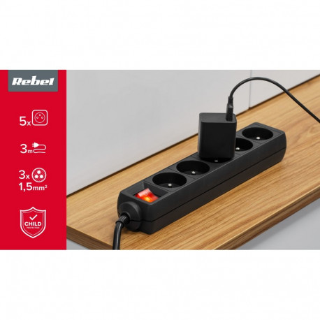 Przedłużacz 5 gniazd 3m typu francuskiego z przełącznikiem (3x1,5mm) Rebel czarny