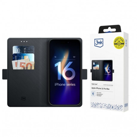 Kaitseümbris kaanega Wallet Case, Apple iPhone 16 Pro Max, must, 3mk