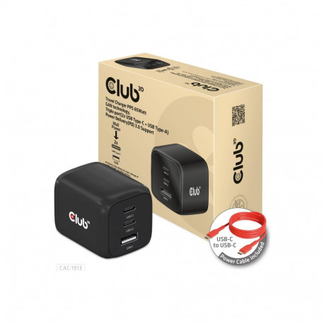 Club 3D reisilaadija 65W GAN tehnoloogia 1xType-C 2xType-C PD 3.0 tugi