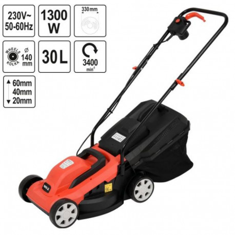 Yato electric lawn mower YT-85200, 1300 W, 220-240 V, 33 cm, 30 l, 20-60 mm, 3 positions, 3400 rpm, 