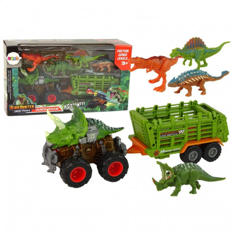 Dinosauruse motiiviga sõiduk, haagis ja 4 dinosaurust