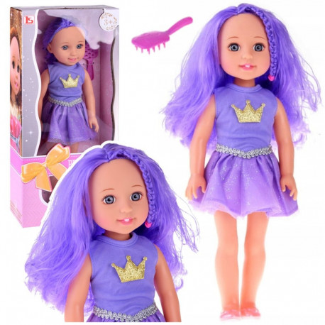 nukk kleidis krooniga pikkade juustega lilla harjaga 38cm
