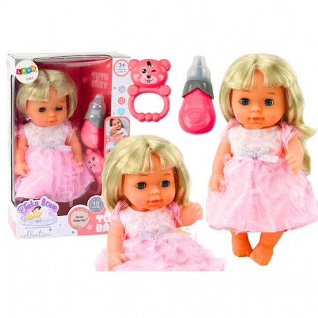 Lalka W Jasno-Różowej Sukience Siusiająca Butelka Grzechotka Dźwięki