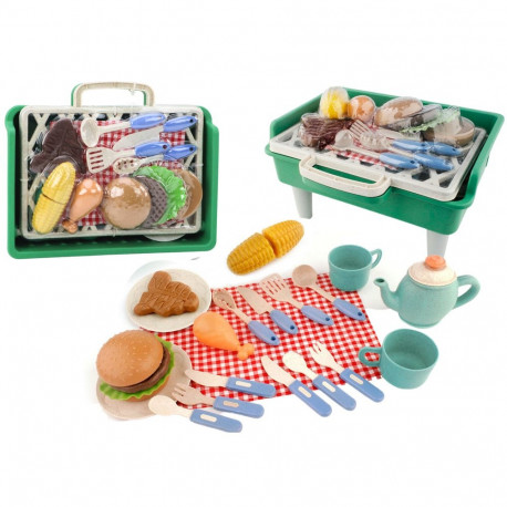 grillikomplekt grill toit söögiriistad taldrikud tassid