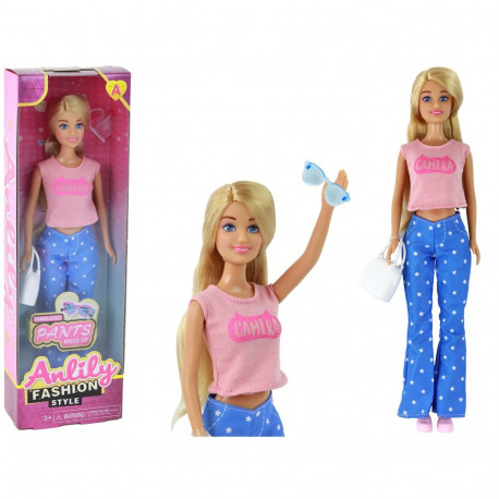 Lalka Dla Dzieci Anlily Długie Blond Włosy Torebka Okulary Różowa Bluzka