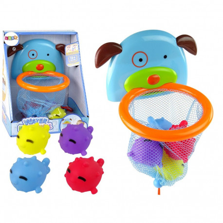 mini korvpallikomplekt vannimänguasi koeraga ja kummist kaladega