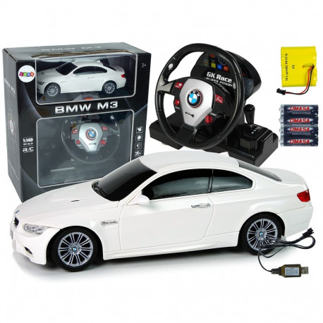 BMW M3 kaugjuhitav auto 1:18 pult rooliga heliefektide ja tuledega, valge