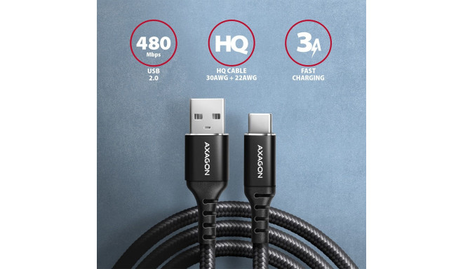 AXAGON BUCM-AM10AB USB 2.0 andme- ja laadimiskaabel, 1 m, USB-C - USB-A