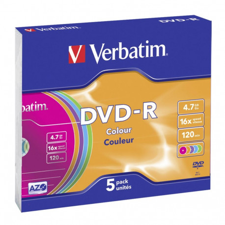 1x5 Verbatim DVD-R 4,7GB värviline 16x kiirus, õhuke karp