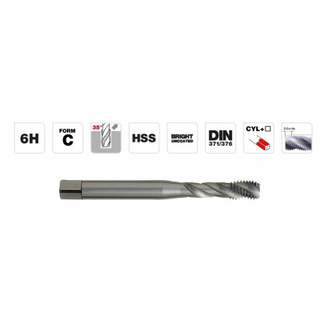 HSS DIN Machine Tap M6, spiral flute 35°. Bright, uncoated. T Line