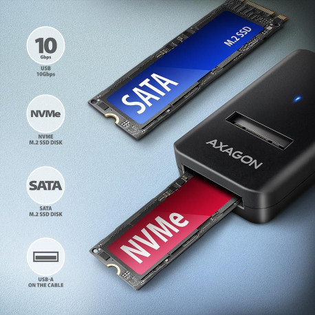 Axagon USB-A 10Gbps - M.2 NVMe ja SATA SSD adapter | ADM2-AM