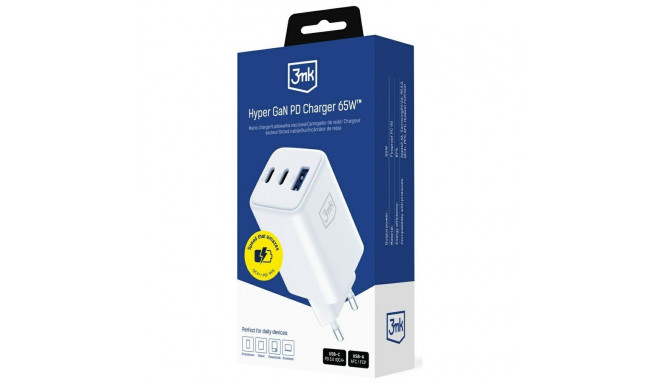 seinalaadija 3MK Hyper GaN Charger 65W 1xUSB-A 2xUSB-C PD QC4+ valge