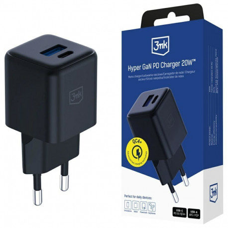 3MK Hyper GaN Charger 20W 1xUSB-A 1XUSB-C PD QC4+ Black