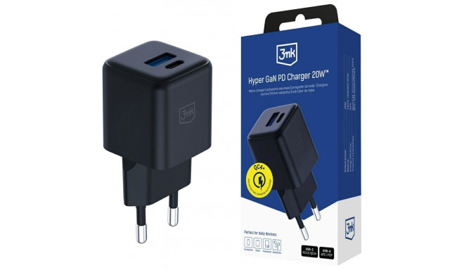 3MK Hyper GaN Charger 20W 1xUSB-A 1XUSB-C PD QC4+ Black