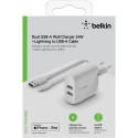 Belkin kahe USB-A laadija, 24W koos Lightning-kaabliga 1m, valge