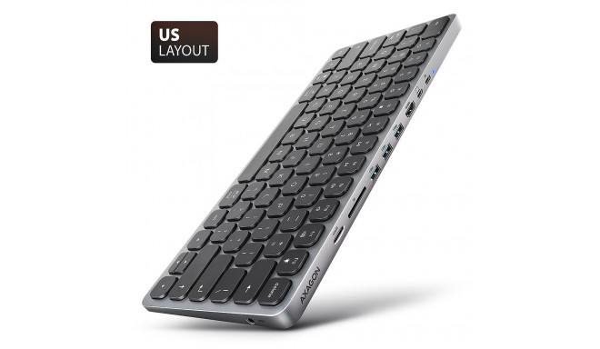AXAGON HMC-KB klaviatuur USB-C 5Gbps HUB-iga microSD/SD 3x USB-A HDMI 4K/60Hz PD 100W audio USA paig