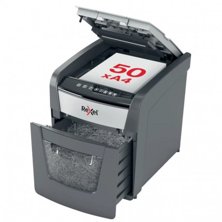 Paberipurustaja Rexel Optimum AutoFeed+ 50XP, 4x28mm P4, 6-lehte/50-lehte automaatsööturist, 20L, Ho