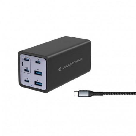 Conceptronic 6-Port 200W GaN USB PD Charger with USB-C Charging Cable, USB-C x 4, USB-A x 2, QC 3.0,