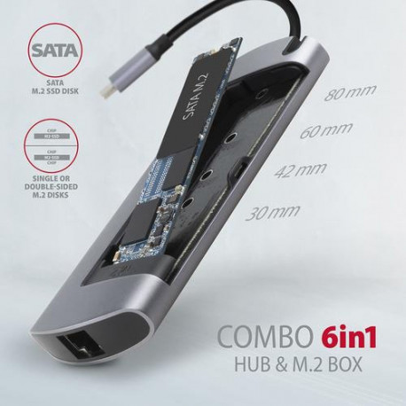 Axagon HMC-6M2 USB 3.2 Gen 1 hub, 2x USB-A, HDMI, RJ-45, SATA M.2, PD 100W, USB-C cable