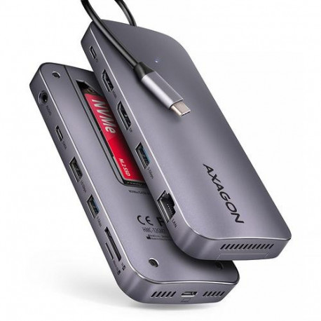 Axagon HMC-12GM2, USB 10Gbps hub, 3x USB-A, USB-C, HDMI, DP, RJ-45, M.2, SD/mSD, audio, PD