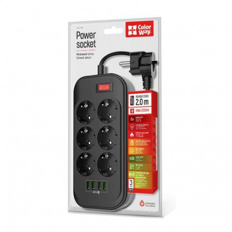 Colorway CW-CHE64B power extension 2 m 1 AC outlet(s) Indoor Black