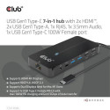 CLUB3D Type-C 7-in-1 hub with 2x HDMI, 2x USB Gen1 Type-A, 1x RJ45, 1x 3.5mm Audio, 1x USB Gen1 Type