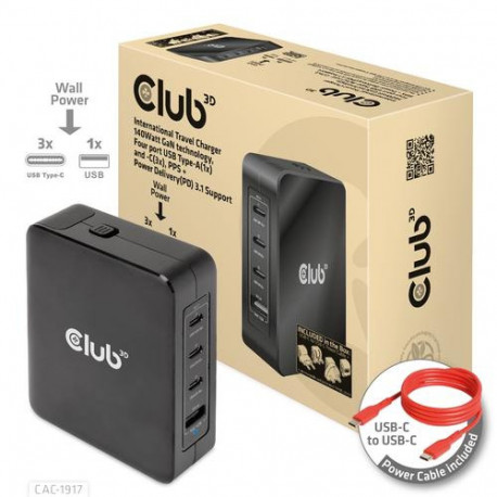 CLUB3D International Travel Charger 140W GaN technology, Four port USB Type-A(1x) and -C(3x), PPS +